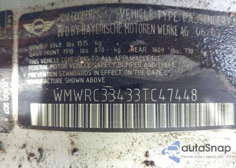 2003 Mini Cooper z USA, uszkodzony, nr VIN WMWRC33433TC47448